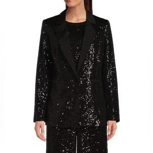 Gibson Latimer Black Sequin Knit Coordinating Long Sleeve Satin Contrast Blazer
